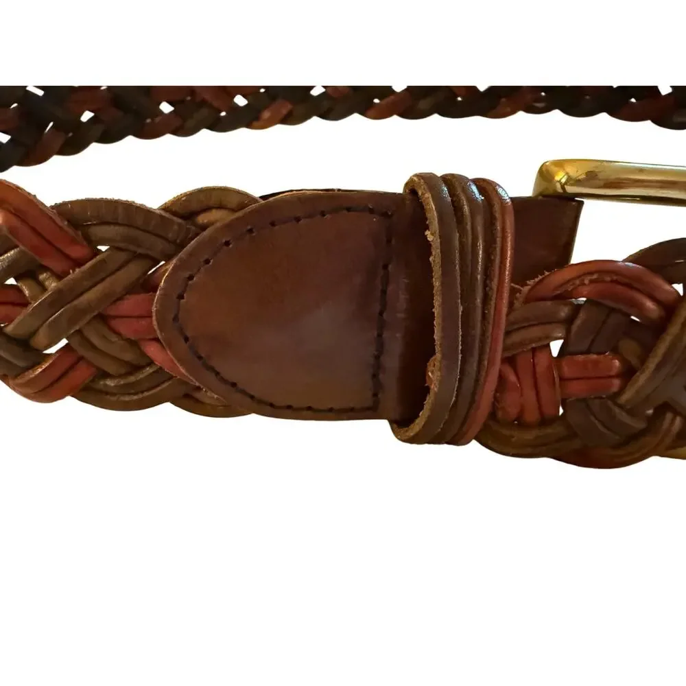 Lands End Braided Leather Belt Size 28 Brown Multi Color Gold Buckle Vintage